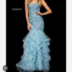 Size 12 (tag 14) light blue lace up crystal lace layered mermaid gownSherri Hill